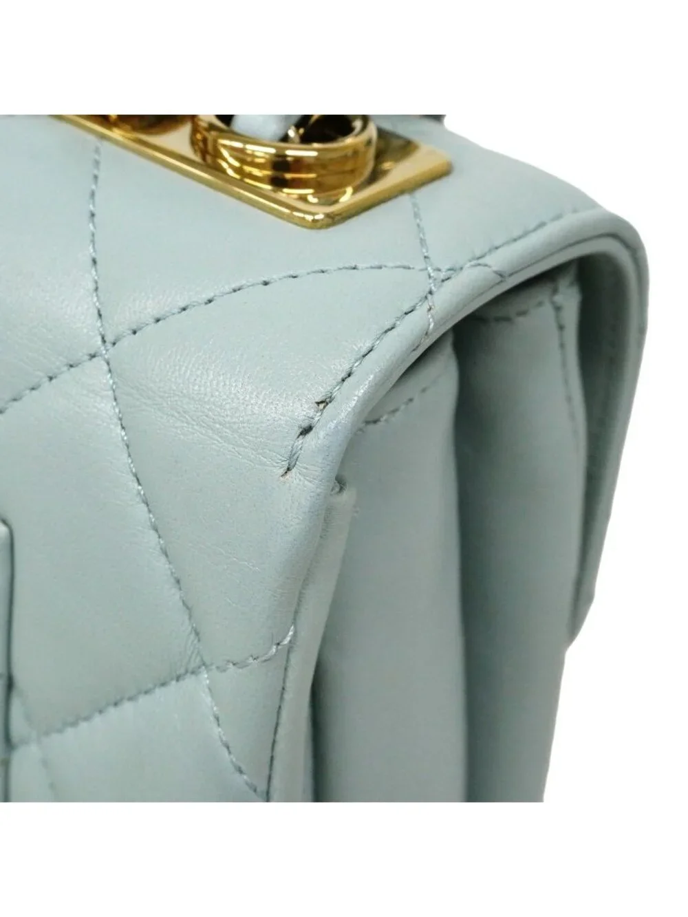 Chanel Handbag Quilted Lambskin Light Blue Champagne Gold 2-Way